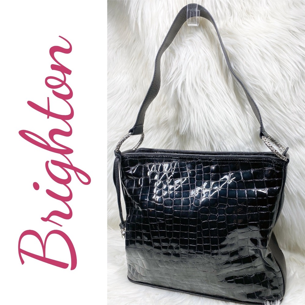 Brighton Cher Black Patent Croc Shoulder Bag Silver Scroll Rings Heart Charm Y2K
